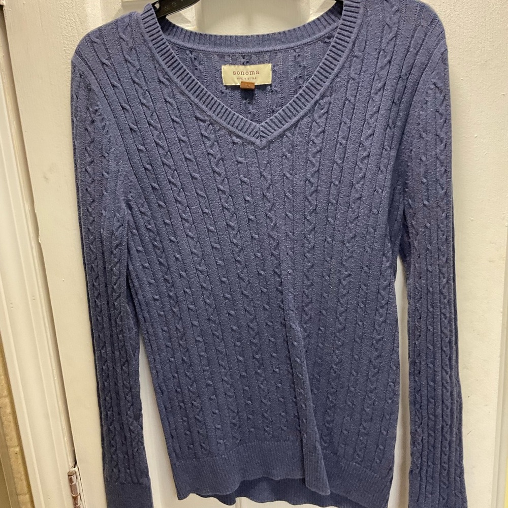Sonoma Knit V-Neck Ribbed Cotton Sweater Purple Size M